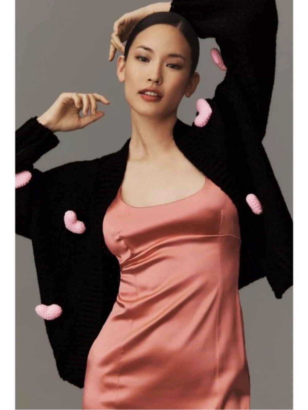 Anthropology Maeve The Susannah 3D Heart Cardigan in Rose Pink and Black